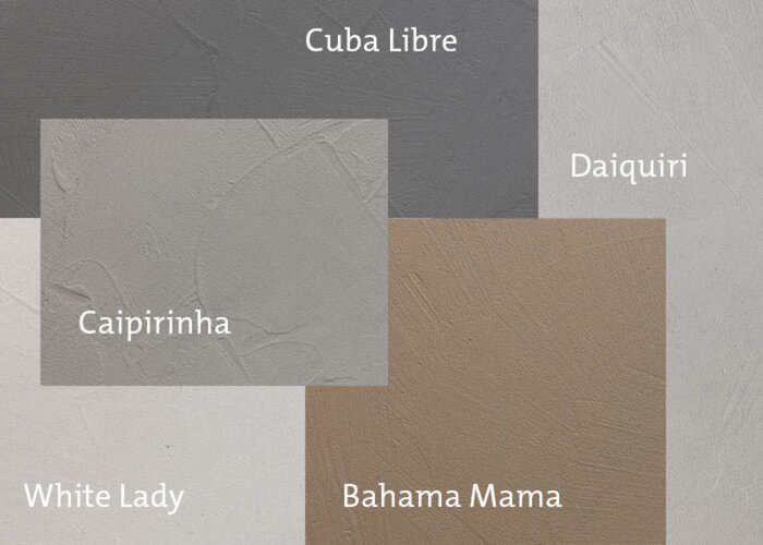 Die fünf Farbtöne des ADLER Betoneffekts: Cuba Libre, Daiquiri, Caipirinha, White Lady und Bahama Mama.