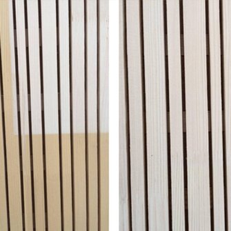 Der Vergleich macht Sie sicher: Während unbehandeltes Holz (li.) in der Sonne stark vergilbt, bewahrt die mit Lignovit Interior UV 100 im Farbton Tanne beschichtete Fläche (re.) auch nach fünfmonatiger Sonnenbestrahlung ihre natürliche Schönheit. (Fotohinweis: ADLER)