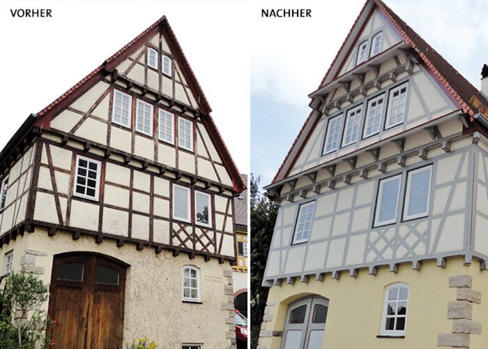 Vorher-Nachher Vergleich eines mit ADLER renovierten Fachwerkgebäudes.