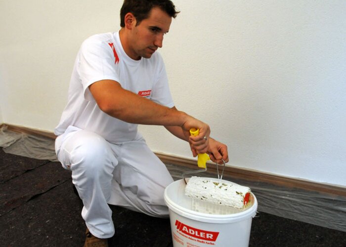Mit einem Abstreifgitter kann die Rolle die Farbe satt aufnehmen.