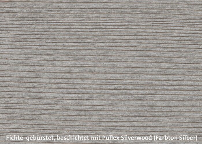 Durch das Bürsten kommt die Maserung  voll zur Geltung. In Kombination mit den silbernen Pigmenten von Pullex Silverwood ergeben sich aufregende Lichtspiele und Fassadendesigns.